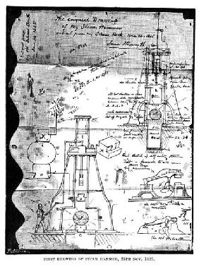 First Drawing of Steam Hammer, 24th November 1839, from a torn out page from Nasmyth's sketch book,