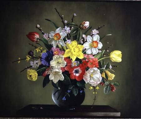 Narcissi, Anemones, Tulips, Forsythia, Rhododendron and Apple Blossom in a Glass Vase from James Noble