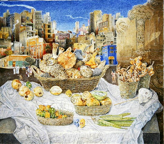 Still Life with Funghi and Cityscape, 2001 (oil on canvas)  from  James  Reeve