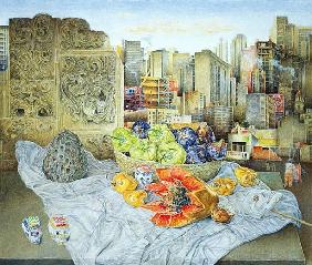 Still Life with Papaya and Cityscape, 2000 (oil on canvas) 
