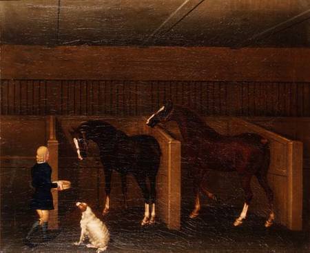 A groom, horses and a dog in a stable from James Seymour