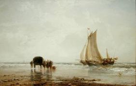On the Beach: Two Fishing Boats and a Group of Women