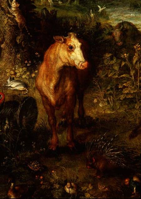 Earth or The Earthly Paradise, detail of a cow, porcupine and other animals from Jan Brueghel d. Ä.