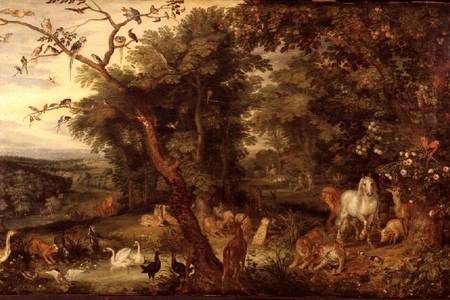 The Garden of Eden; in the background The Temptation (panel) from Jan Brueghel d. Ä.