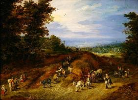 Landscape with peasants, carts and animals (oil on copper)