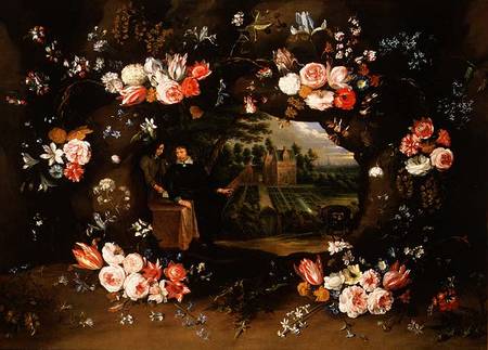 Garland of Flowers Encircling a Medallion Representing Nicolas de Man in front of his Property at An from Jan Brueghel d. J.