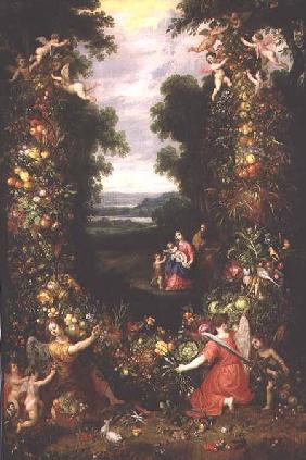 Holy Family in a landscape with a garland of fruit and vegetables (panel)
