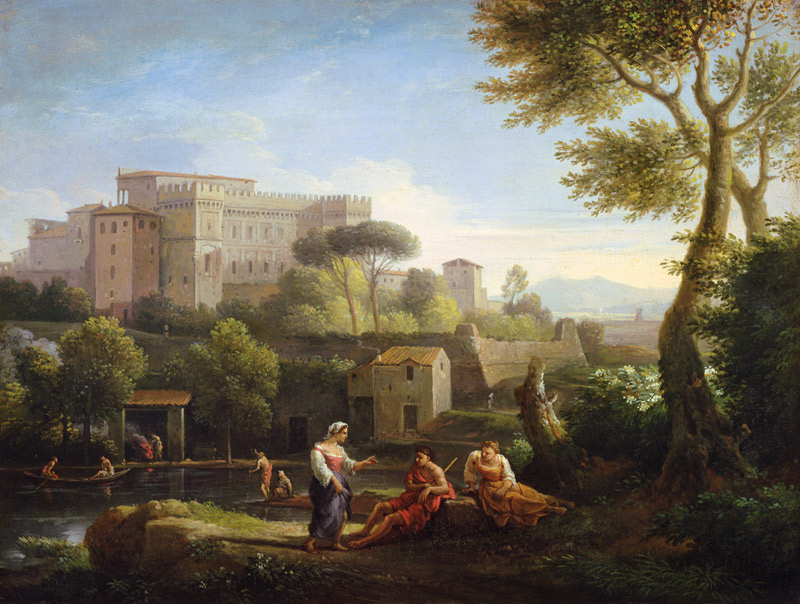Landscape with figures and a fortress by a river (pair of 81826) from Jan Frans van Bloemen