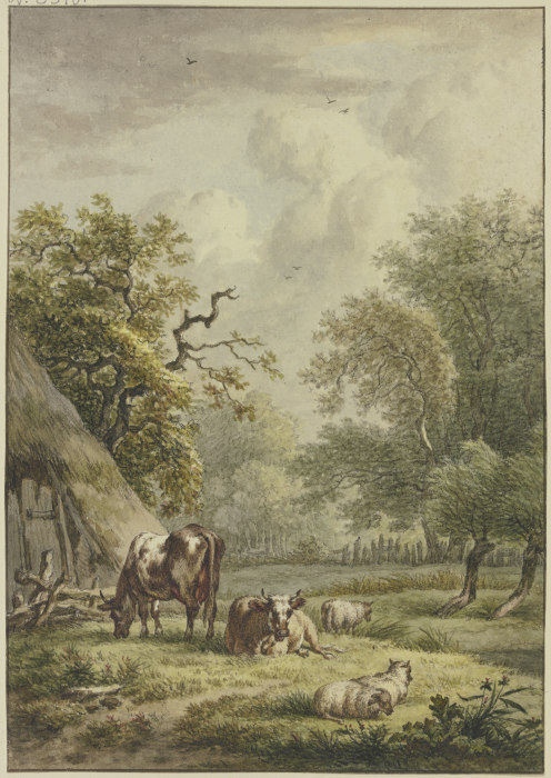 Bei einer Hütte weiden zwei Kühe und drei Schafe from Jan Hulswit