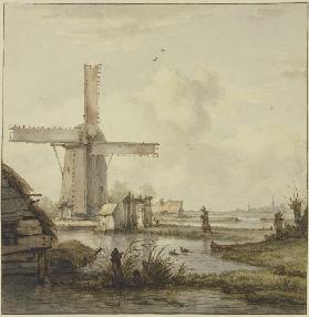 Windmühle vor einer Stadt mit hohem Turm, über einen abgegatterten Damm am Stock schreitend eine Fra