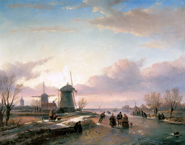 Wintry riverside with skate runners and windmills from Jan Josef Spohler
