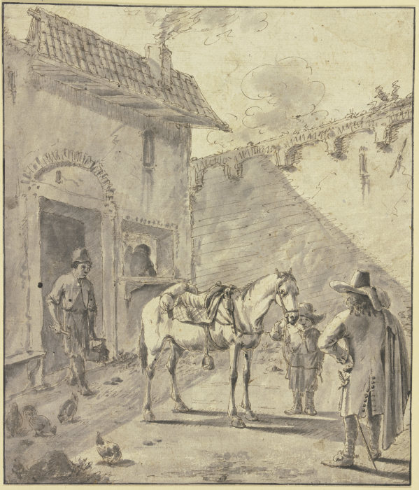 In dem Hof einer Schmiede ist ein Kavalier im Begriff, sein Pferd beschlagen zu lassen from Jan Miel