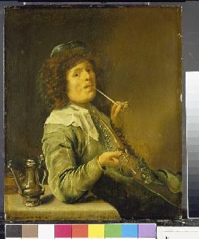 Rauchender Mann mit leerem Weinglas.