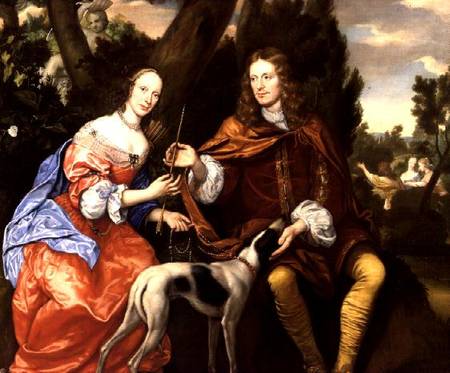 Portrait of a Gentleman and his Wife Holding an Arrow, Seated with their Dog from Jan Mytens