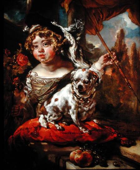 A Portrait of a Boy Wearing a Plumed Hat, Holding a Falcon and Spear, with a Pug Seated Before Him from Jan or Joan van Noordt