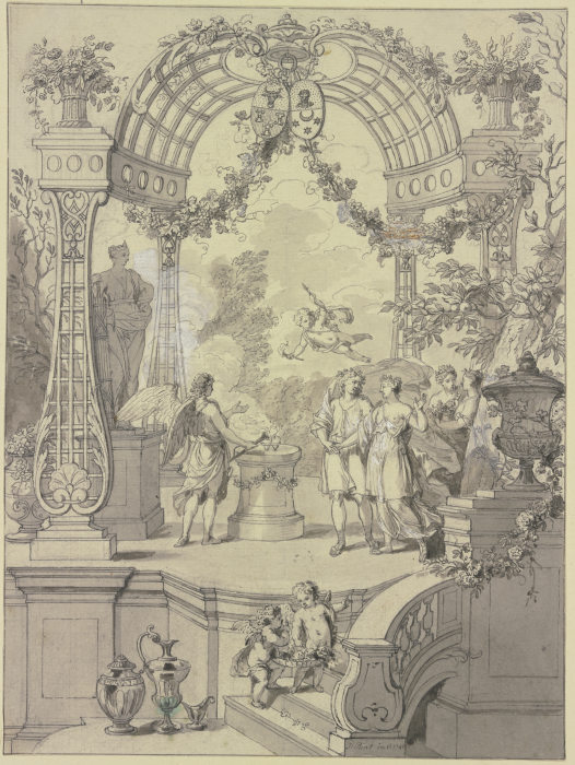 Ein Brautpaar mit Hymen an einem Altar stehend, Amor schwebt über ihnen mit reicher Architektur from Jan Punt