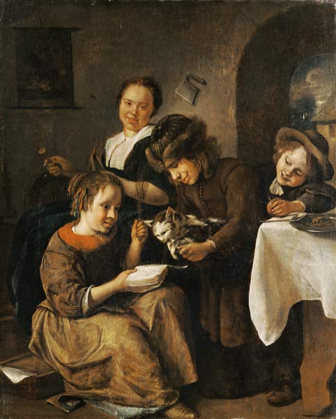 Children want to teach a cat reading from Jan Havickszoon Steen