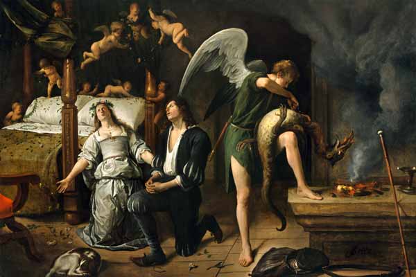 Tobias and Sarah with the Archangel Raphael exorcising the demon Asmodeus, restored version reassemb from Jan Havickszoon Steen