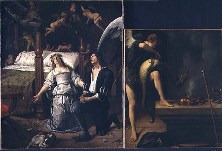 Tobias and Sarah with the Archangel Raphael exorcising the demon Asmodeus, reassembled from two sepa from Jan Havickszoon Steen