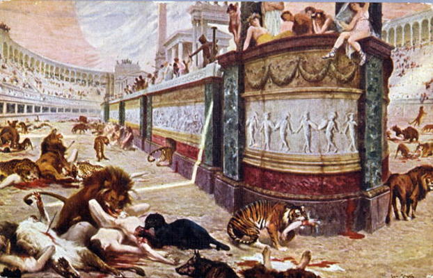 Postcard depicting the bloody games in the arena in Rome, illustration from 'Quo Vadis', 1910 (colou from Jan Styka