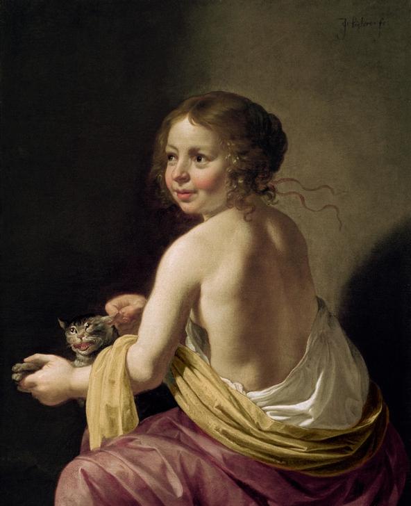 Girl teasing a cat from Jan van Bijlert or Bylert