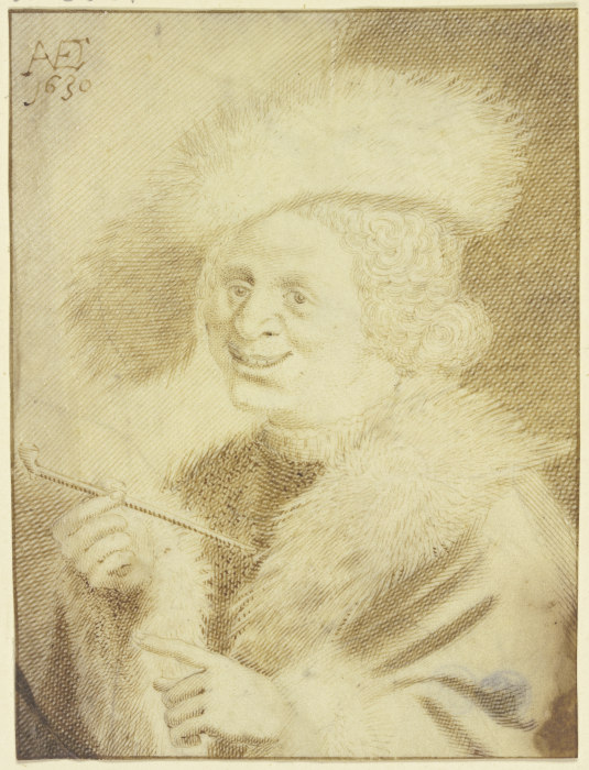 Ein Mann mit Pelzmütze und Pelzrock lachend eine Pfeife haltend from Jan van de Velde II