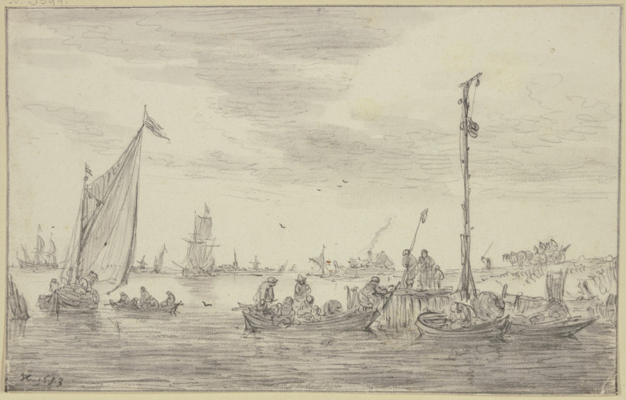Ein hoher Signalmast halbrechts auf einer Landungsstelle, an der Ruderboote liegen from Jan van Goyen