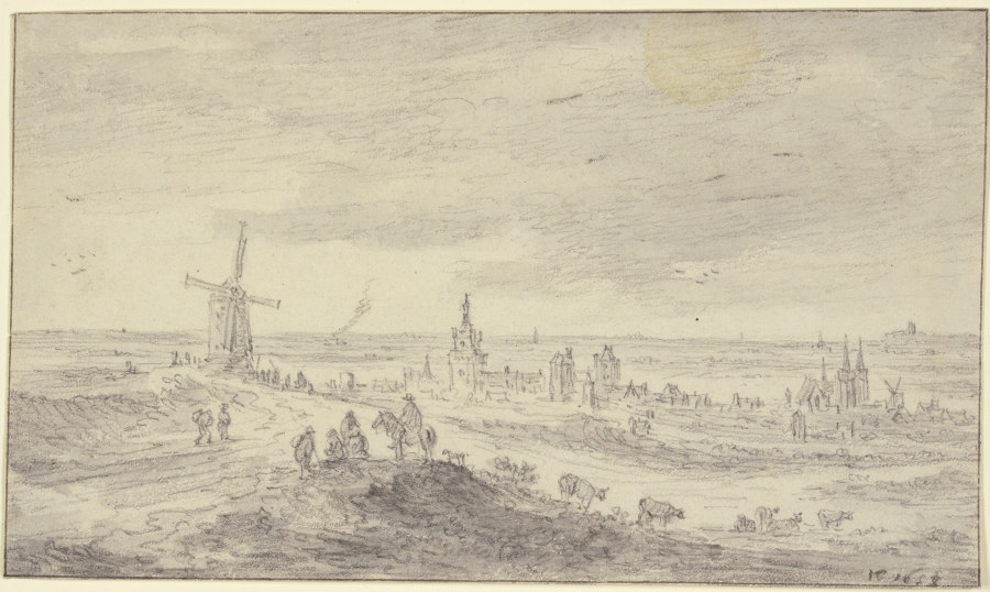 Eine befestigte Stadt mit vielen Häusern, vorn links eine Windmühle, dabei viele Figuren, vorn ein R from Jan van Goyen