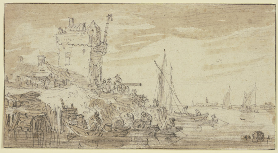 Links an einem Fluss ein befestigter Turm, dabei eine Kanone auf welcher ein Mann sitzt from Jan van Goyen