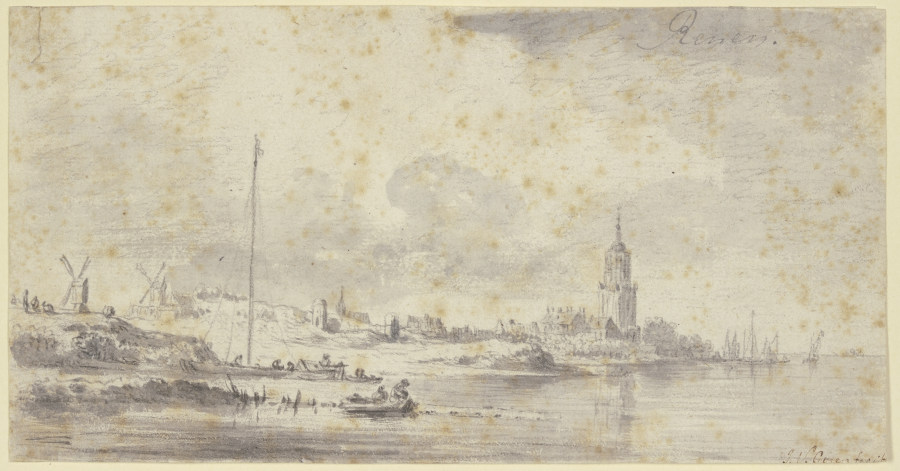 Links an einem Fluss eine Stadt mit Kirche und Festungsmauer, weiter links zwei Windmühlen from Jan van Goyen