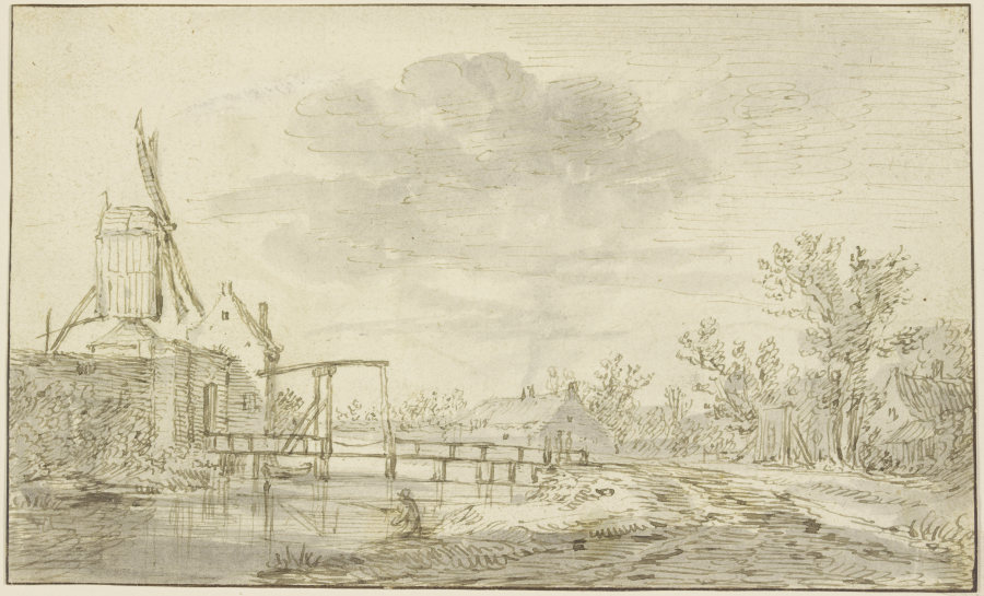 Windmühle auf einer Mauer links, zu der eine Zugbrücke über einen Bach führt from Jan van Goyen