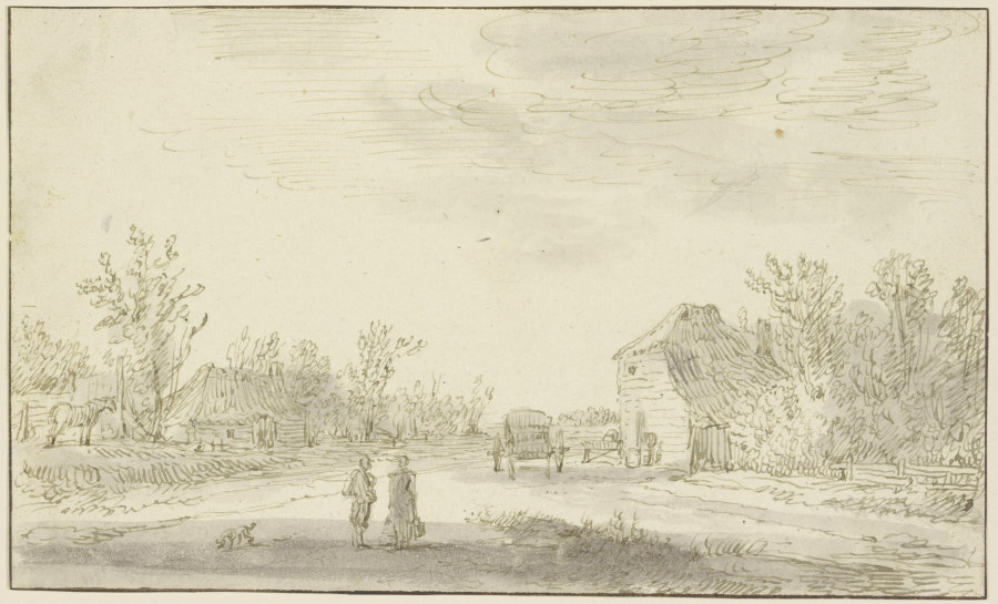 Zwei Figuren und ein Hund vorn auf einem Weg, rechts zurück hält ein Karren vor einem Gehöft, dahint from Jan van Goyen