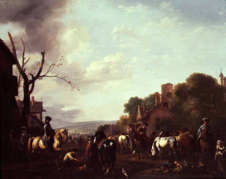 Horsemen and Travellers halted in a village from Jan van Huchtenberg