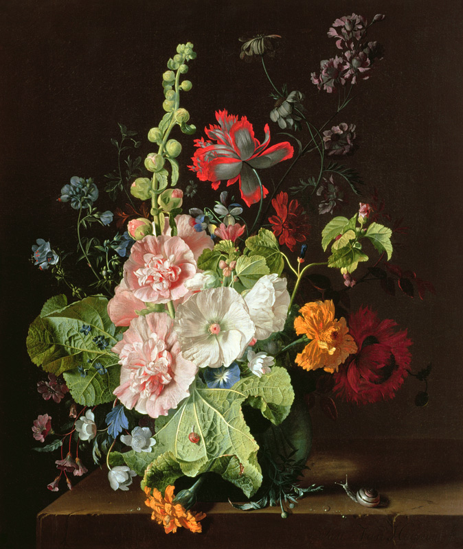 Hollyhocks and Other Flowers in a Vase from Jan van Huysum