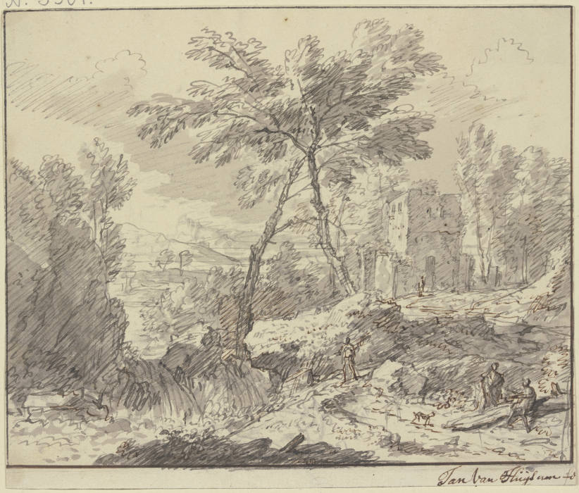 Landschaft mit einem Wasserfall, rechts an einem Baumstamm zwei Figuren from Jan van Huysum