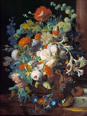 Bouquet of flowers at a column