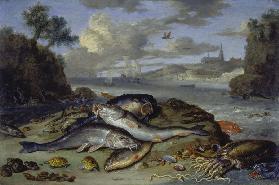 Still Life with Fish and Sea Animals in a Coastal Landscape