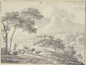An einem Fluss hoher Gebirge, links unter einer Baumgruppe zwei Kühe und Schafe mit einem Hirten