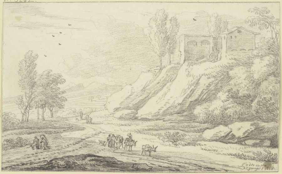 Rechts am Weg Hügel mit Gebäuden, auf demselben Eselstreiber und andere Figuren from Jan Vermeer van Haarlem d. Ä.