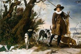 Winter landscape with a hunter