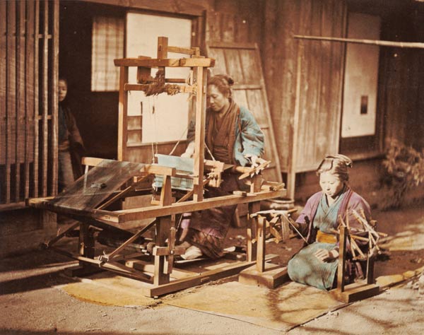 Japanese women weaving, c.1890 (hand-coloured photo) from Japanese Photographer, (19th century)