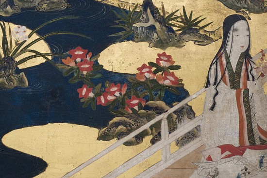 Detail of Spring in the Palace, six-fold screen from 'The Tale of Genji' from Japanese School