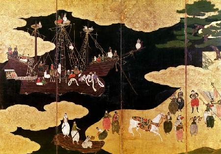 The Arrival of the Portuguese in Japan, detail of the left-hand section of a folding screen, Kano Sc