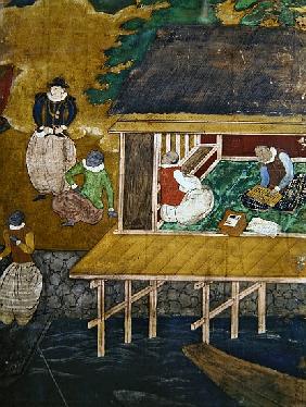 The Arrival of the Portuguese in Japan, detail of a house on stilts, from a Namban Byobu screen, 159