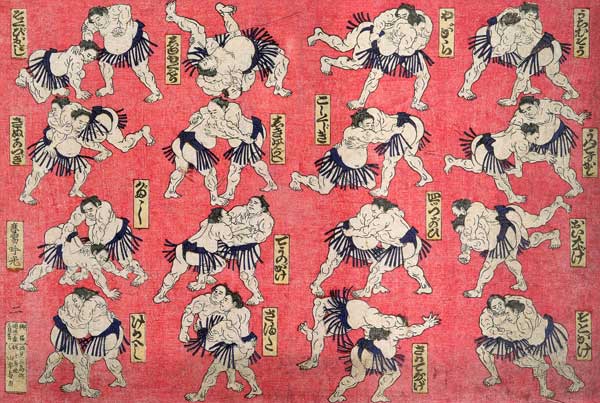 Sumo wrestlers (hand tinted wood engraving on paper) from Japanese School, (19th century)