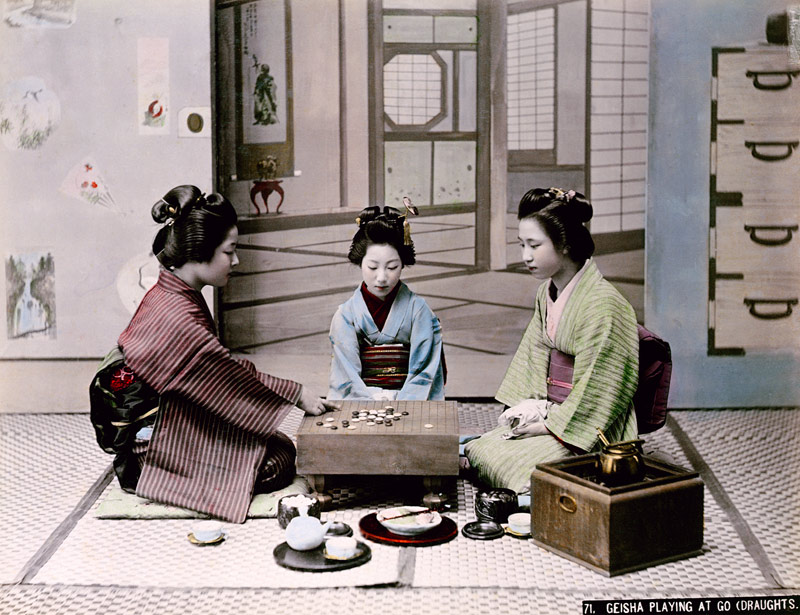 Geisha Girls Playing the Game of Go, c.1900 (hand coloured photo) from Japanese School, (20th century)