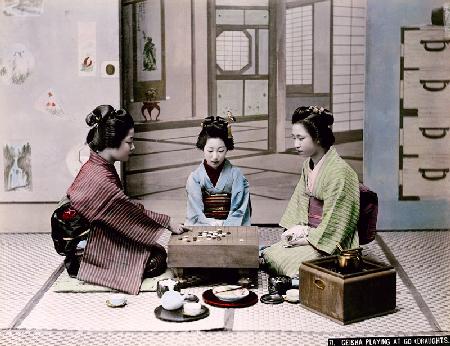 Geisha Girls Playing the Game of Go, c.1900 (hand coloured photo)