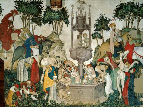 The Fountain of Life, detail of people arriving and bathing in the fountain from Jaquerio