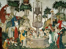 The Fountain of Life, detail of people arriving and bathing in the fountain