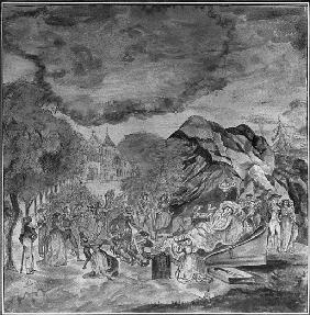 People filing past Marat''s corpse near the grotto of Les Cordeliers, 1793 (pencil & w/c on paper)